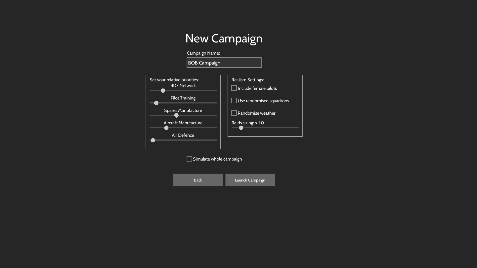 AOC Tutela Cordis new campaign screen with strategic and realism settings